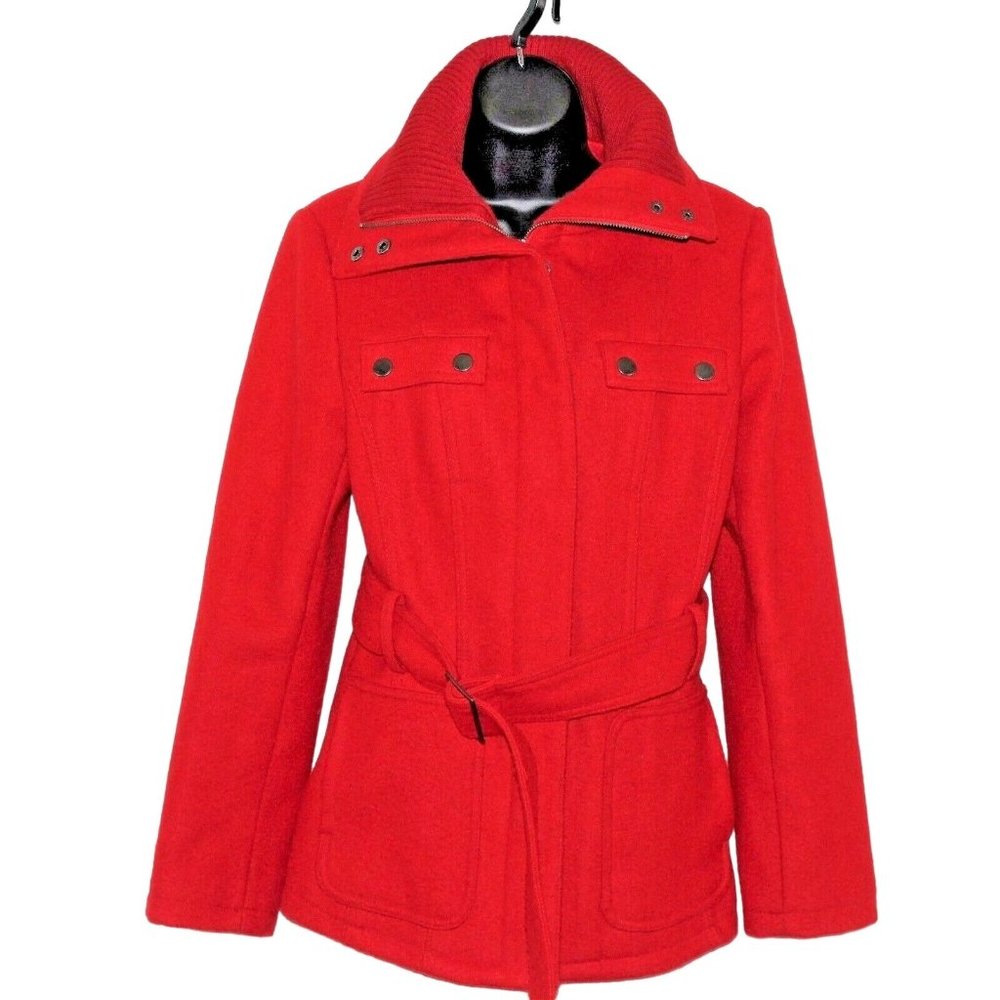 La Redoute US 6 UK 10 Red Belted Wool Blend Full Zip Snaps Knit Collar Coat - Picture 1 of 11